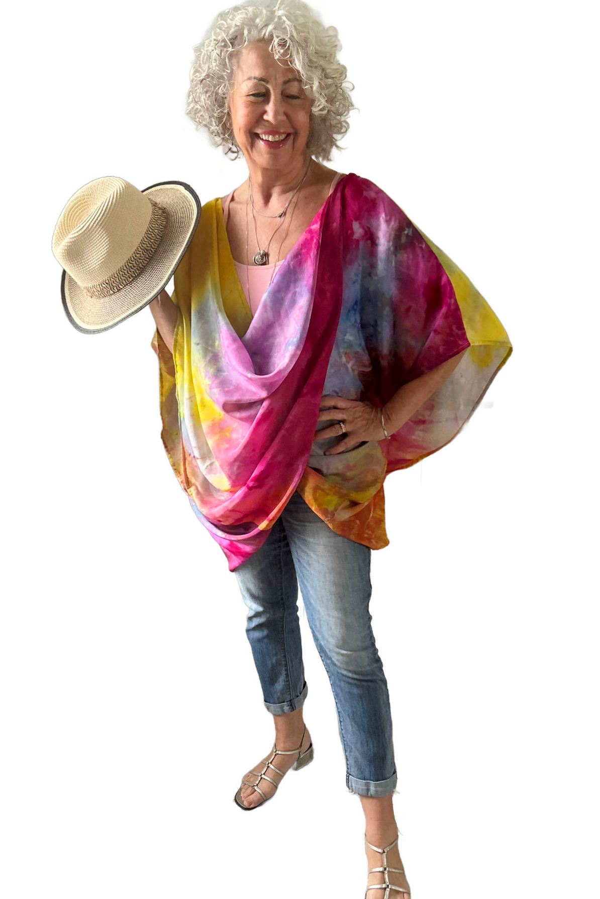 Model wearing colorful silk fashion